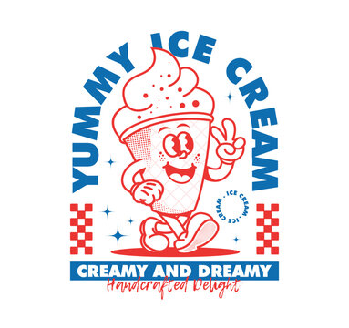 Retro cartoon ice cream character illustration in a fun vintage style, perfect for t shirt, sticker, and print project
