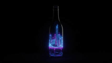 Vibrant neon cityscape encapsulated within a clear bottle on a dark background showcasing