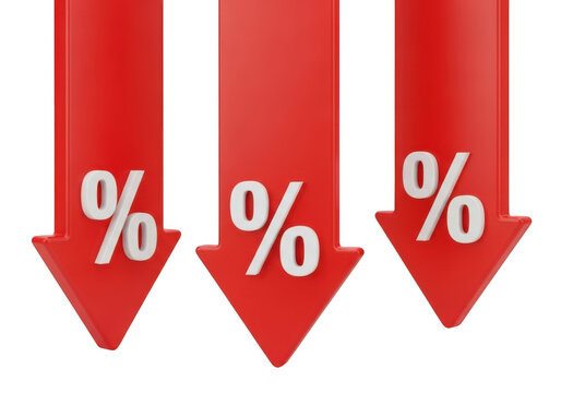 Three red arrows pointing downwards with percentage symbol, indicating a decrease or discount, isolated on transparent background