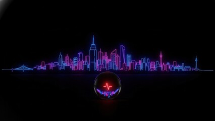 Electrifying urban panorama illuminated by glowing neon lines and a vibrant heart beat reflection