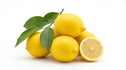 Fresh Yellow Lemons with Leaves and One Sliced Half on White Background