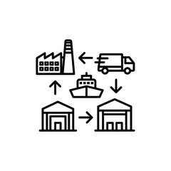 Naklejka premium Industrial Supply Chain Workflow Illustration with Factory Shipments and Warehouses