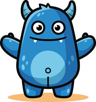 A smiling blue cartoon monster with horns and stubby arms