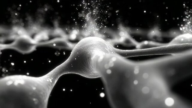 An intricate close-up view of a network of neurons illuminated by sparkling particles, showcasing the complexity of neural connections in a stunning black and white composition.