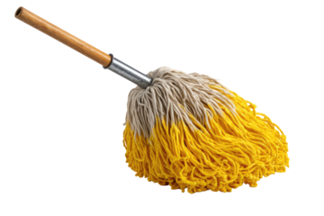 Yellow-tipped mop w/ wooden handle on a black background