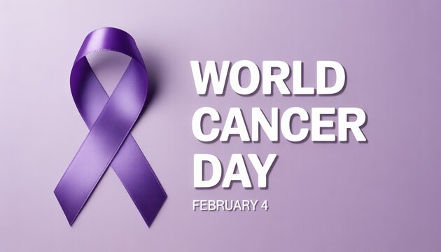 World Cancer Day Ribbon of Hope: A purple ribbon, symbol of cancer awareness, is presented prominently against a soft purple backdrop, accompanied by the inscription World Cancer Day, February 4.