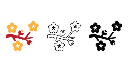 Delicate cherry blossom branches in three artistic styles: color, outline, and silhouette.