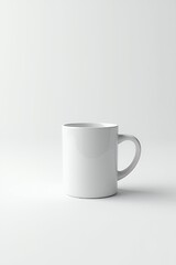 Fototapeta premium A white coffee cup with a handle on a plain white background viewed from the front with soft lighting and subtle shadows.