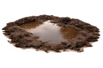 Muddy puddle with dirty water in brown soil, reflecting the sky, messy wet ground with transparent background