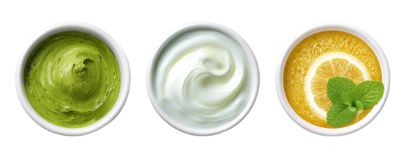 Three bowls of dips and sauces top view.