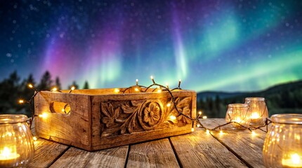 Decorative Wooden Box Surrounded by Glowing Candles and Fairy Lights Under Northern Lights Night Sky