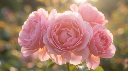 Closeup of Beautiful Blooming Pink Roses Bathed in Soft Sunlight in a Tranquil Garden Setting