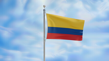 Naklejka premium Colombian flag waving proudly on a flagpole against a bright blue sky with soft clouds.