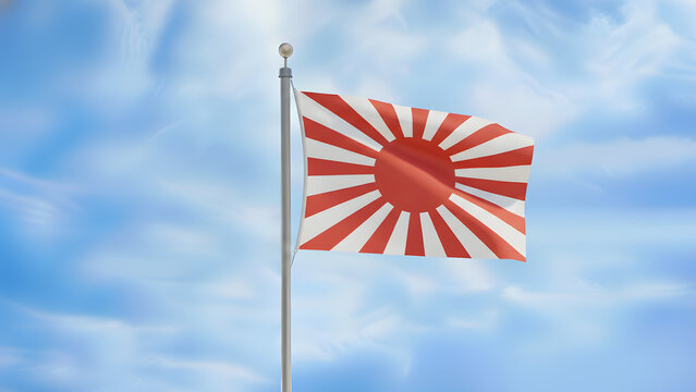 Japanese Rising Sun Flag waving proudly on a flagpole against a bright blue sky with white clouds.