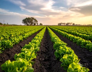 Obraz premium Rows of leafy green plants thriving under a sunset sky