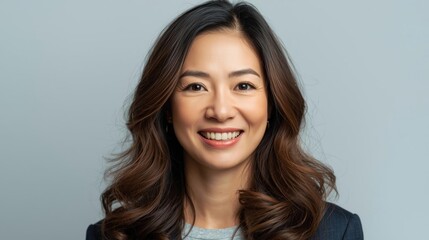 Fototapeta premium A smiling woman with long, wavy hair, dressed in a professional outfit against a neutral background.