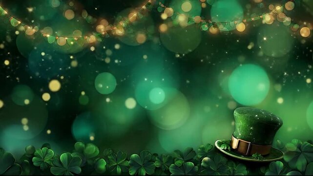 Green St Patricks Day background with leprechaun hat shamrocks and magical bokeh lights