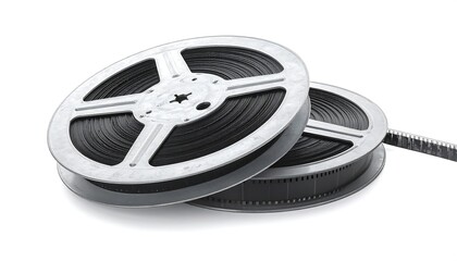 Fototapeta na wymiar Two metallic reels, one partially unspooled, displaying film strips. Both rest on a white surface, casting a soft shadow