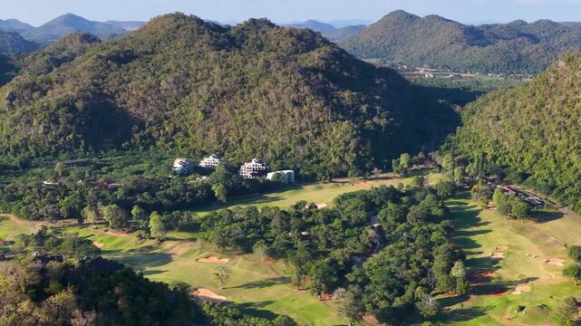 Aerial View of Lush Golf Course and Mountains in Khao Yai