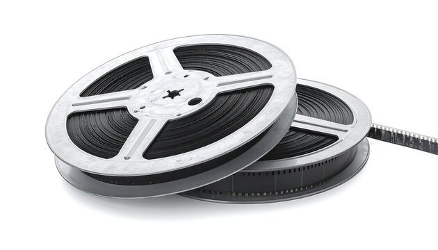 Two metallic reels, one partially unspooled, displaying film strips. Both rest on a white surface, casting a soft shadow