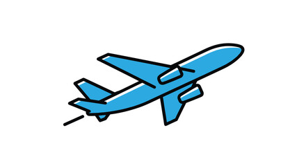 Simple blue commercial airplane icon flying upwards on a white background representing air travel and global transportation.