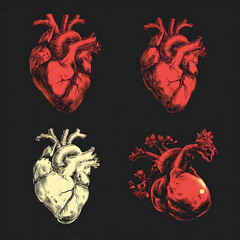 Vintage Anatomical Human Heart Set in Red and Cream, Hand-Drawn Engraving Style on Dark Background