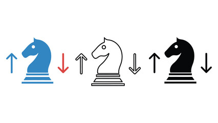 Strategic chess knight pieces illustrating upward and downward trends with arrows, symbolizing progress and decline.