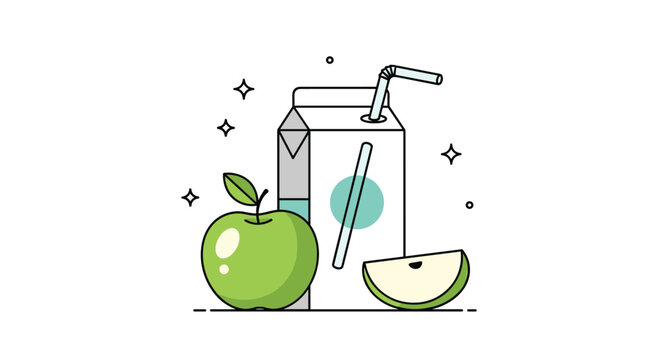 Healthy snack illustration featuring a green apple with a slice and a carton of apple juice with a blue straw and stars.