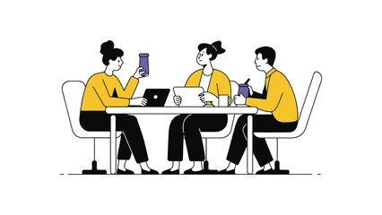 Diverse team collaborating and discussing ideas around a table with technology