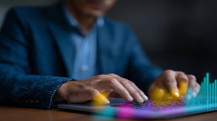 A person in a suit typing on a laptop keyboard with digital data visualizations overlayed, symbolizing technology, data analysis, and business intelligence