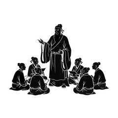 Black silhouette of Confucius teaching students. Ancient Chinese philosophy and education concept. Traditional vector illustration