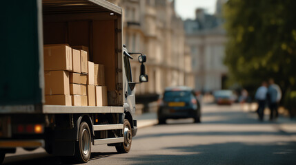Delivery truck loaded with cardboard boxes parked on a city street with blurred cars and pedestrians in the background during daytime