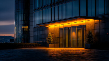 Modern office building entrance illuminated by warm yellow lights at dusk, with reflective glass walls and two potted plants flanking the doorway