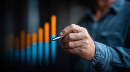 Person holding a pen pointing at a rising bar graph with orange and blue bars, symbolizing business growth and financial success