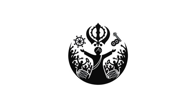 Sikhism unity and festival celebration silhouette. Khanda and cultural symbols vector illustration. Flat design graphic isolated on transparent background