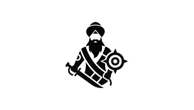 Sikh warrior silhouette vector illustration. Minimalist black icon of a Khalsa Nihang with turban, sword and shield. Cultural graphic isolated on transparent background