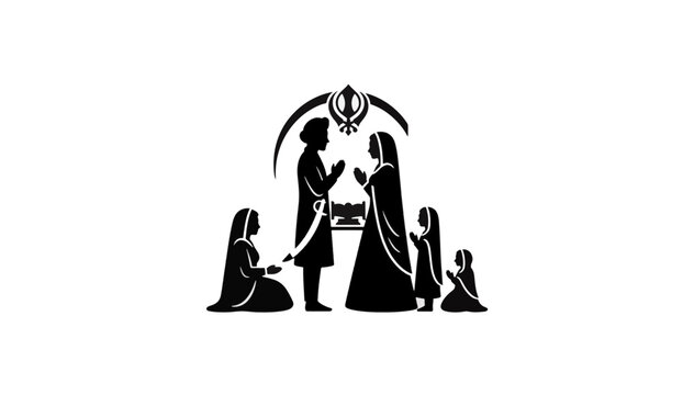 Sikh wedding silhouette illustration. Traditional Punjabi marriage ceremony with Khanda symbol. Minimalist flat vector graphic isolated on transparent background
