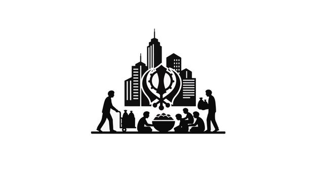 Sikh charity and Seva community service in modern city. Black silhouette vector illustration. Khanda symbol and urban skyline with people sharing food. Isolated graphic
