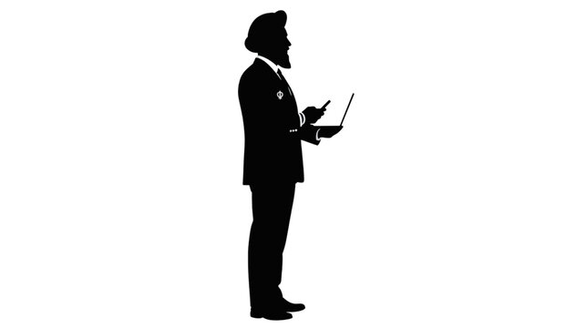 Black silhouette of a Sikh professional man with a laptop and smartphone. Sikhism faith at workplace concept. Flat vector illustration isolated on transparent background