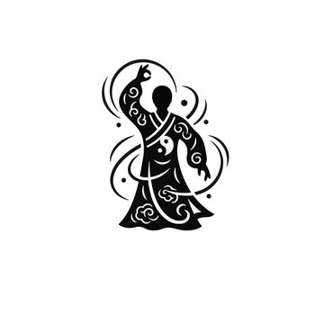 Taoist martial arts practitioner silhouette icon. Tai Chi or Qigong pose with a Yin Yang symbol. Stylized vector graphic for wellness and meditation