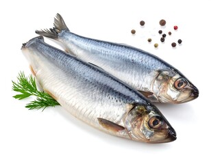 Obraz premium Two fresh, whole fish with shimmering scales, presented with dill and peppercorns on a bright white background