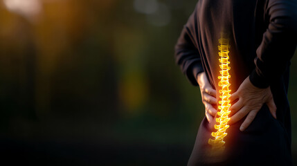 Person holding lower back with glowing spine illustration, symbolizing back pain or spinal health issues, set against a dark blurred background