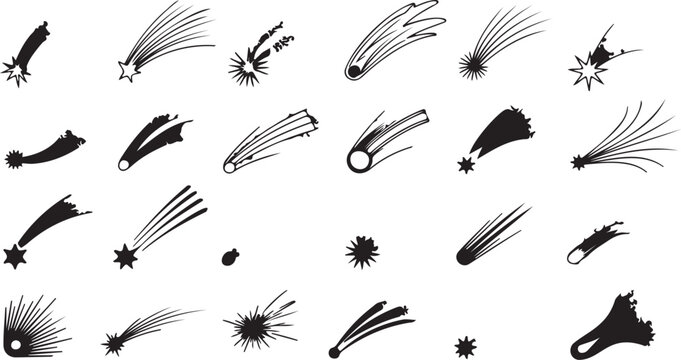 Diverse hand-drawn celestial objects including shooting stars comets and meteors