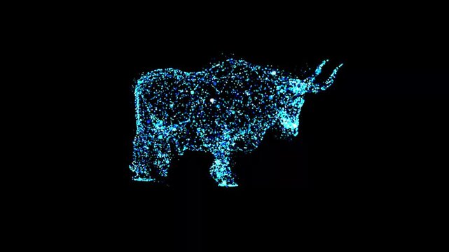 Abstract animation of a blue bull running. Poly wire frame illustration. Wild animals concept. Polygonal art with lines and dots. plexus line motion particle.
