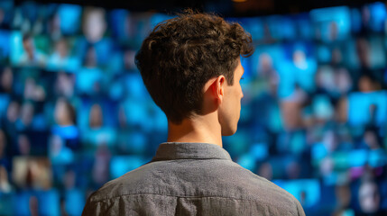 A young man with curly hair looks at a large digital screen filled with numerous blurred profile pictures, suggesting virtual communication or social networking