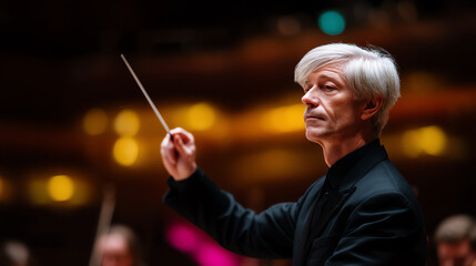 A focused orchestra conductor with silver hair leads a performance, holding a baton in a dark suit against a softly lit, blurred concert hall background