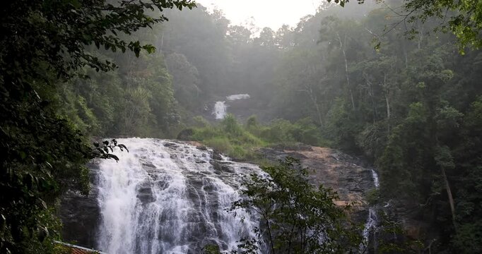 Scenic Abbey waterfalls tropical landscape in Coorg district, Karnataka state, India , slow motion shot.
