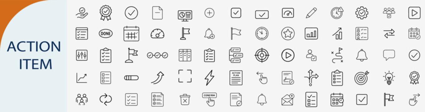 Action item and task management line icons set for business planning.
