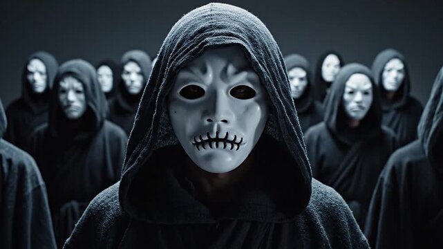Anonymous group in hoods and masks concept