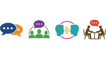 Diverse communication icons representing conversation, teamwork, dialogue, and meeting